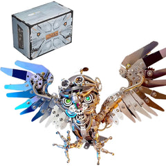 The assembled 1000+ piece Mechanical Owl model with a view of its branded product packaging box