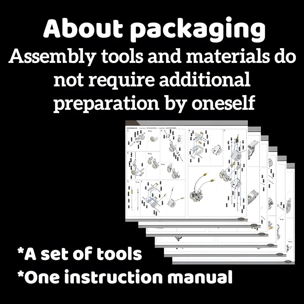 A graphic detailing the packaging contents, confirming that assembly tools and a complete instruction manual are included with the kit
