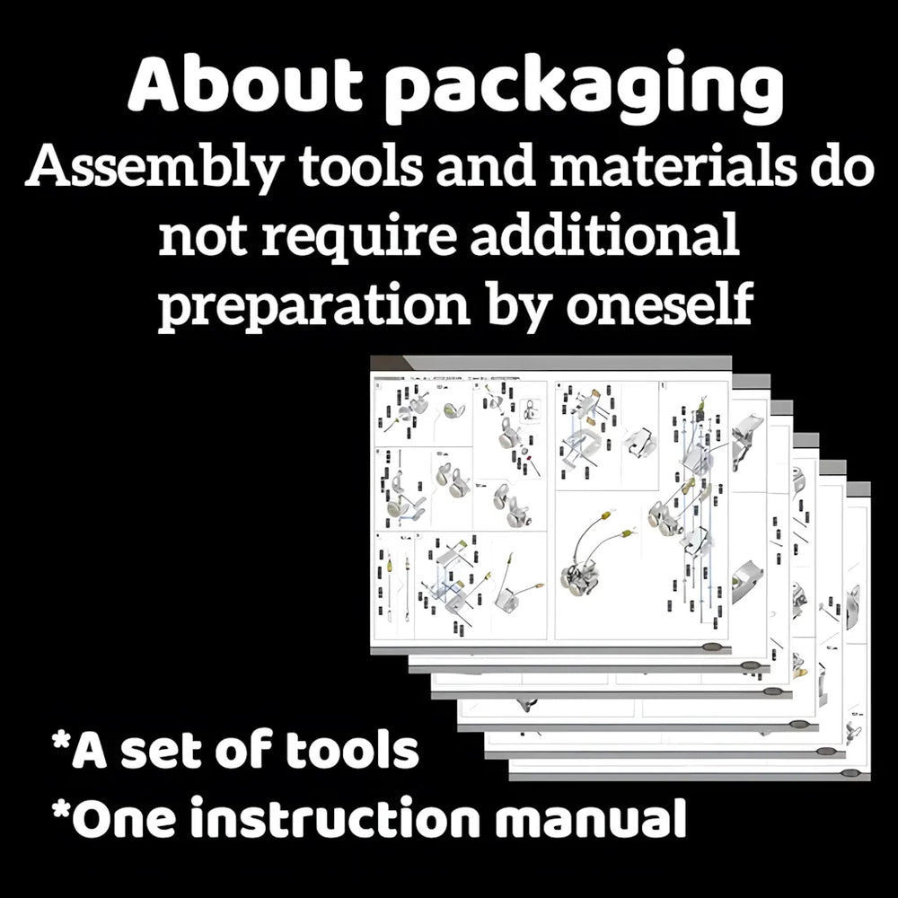 A graphic detailing the packaging contents, confirming that assembly tools and a complete instruction manual are included with the kit