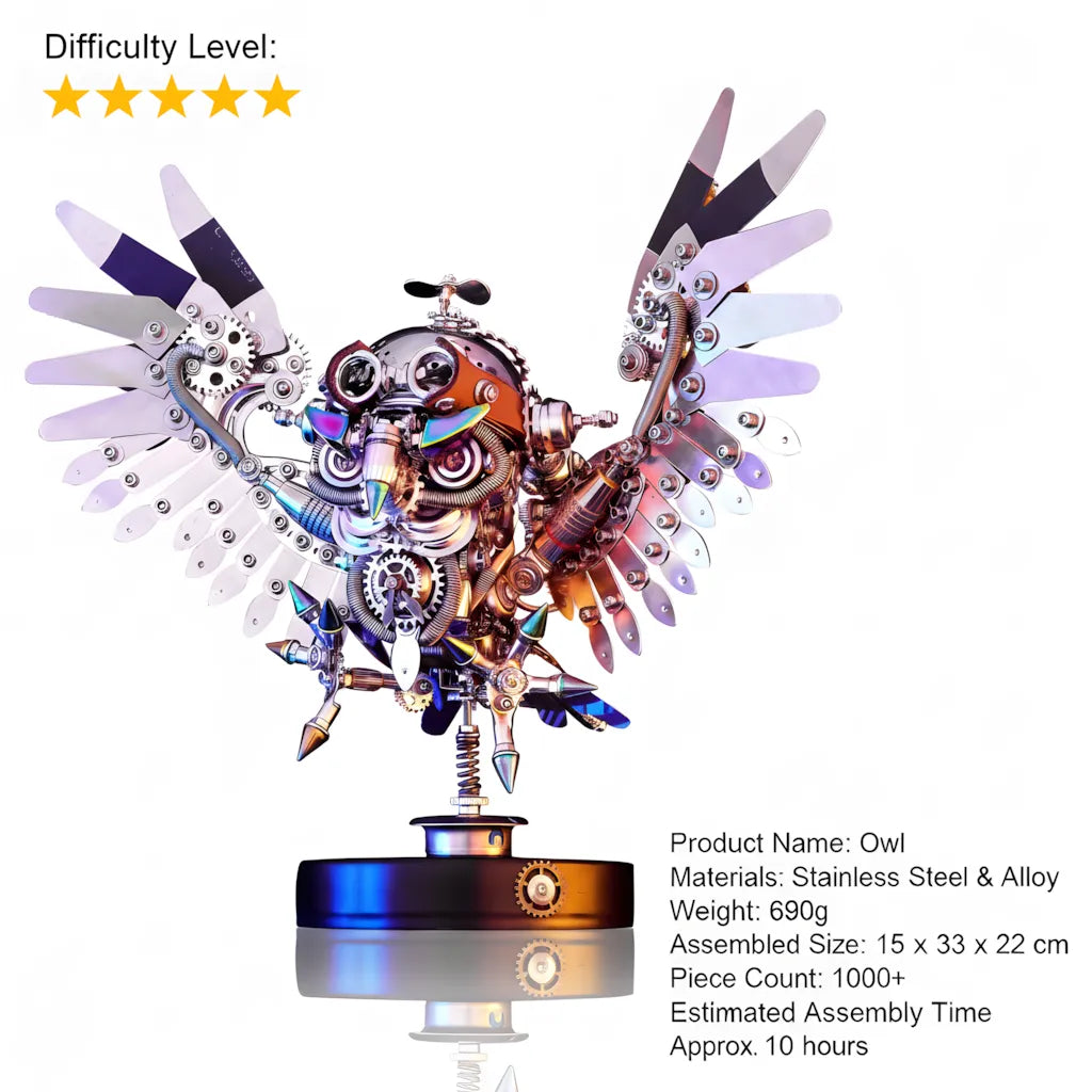 An informational graphic for the Mechanical Owl, listing 5-star difficulty, 1000+ pieces, 690g weight, and 10-hour assembly time
