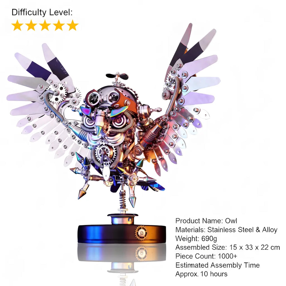 An informational graphic for the Mechanical Owl, listing 5-star difficulty, 1000+ pieces, 690g weight, and 10-hour assembly time