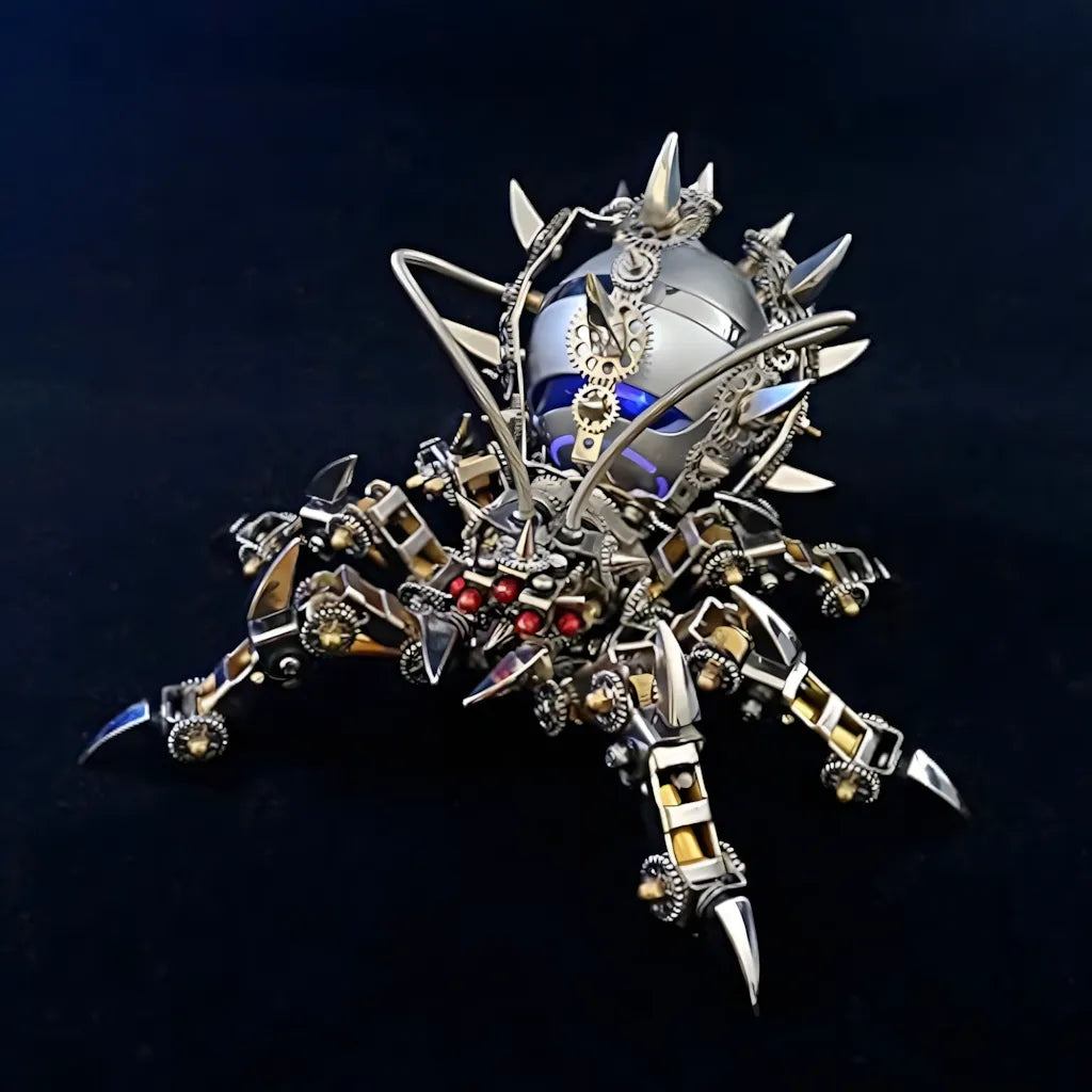 Front view of the robot spider speaker, showcasing the spiked shell, bright red LED eyes, and blue internal illumination