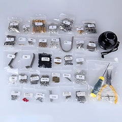 Top-down view of the comprehensive DIY kit contents, showing packaged small parts, the black 40mm speaker unit, and assembly tools