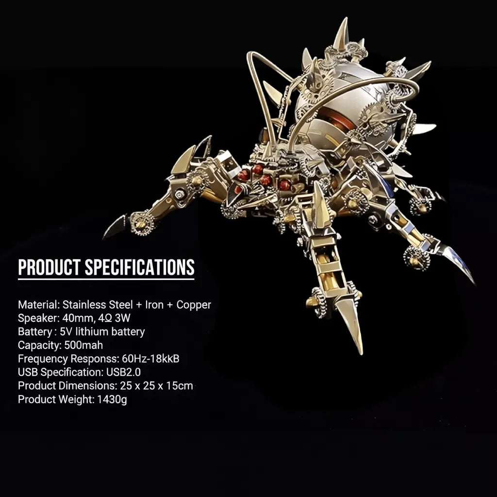 The Mechanical Spider Speaker Kit displayed with key product specifications: 40mm 3W speaker, 500mAh battery, and 1430g product weight