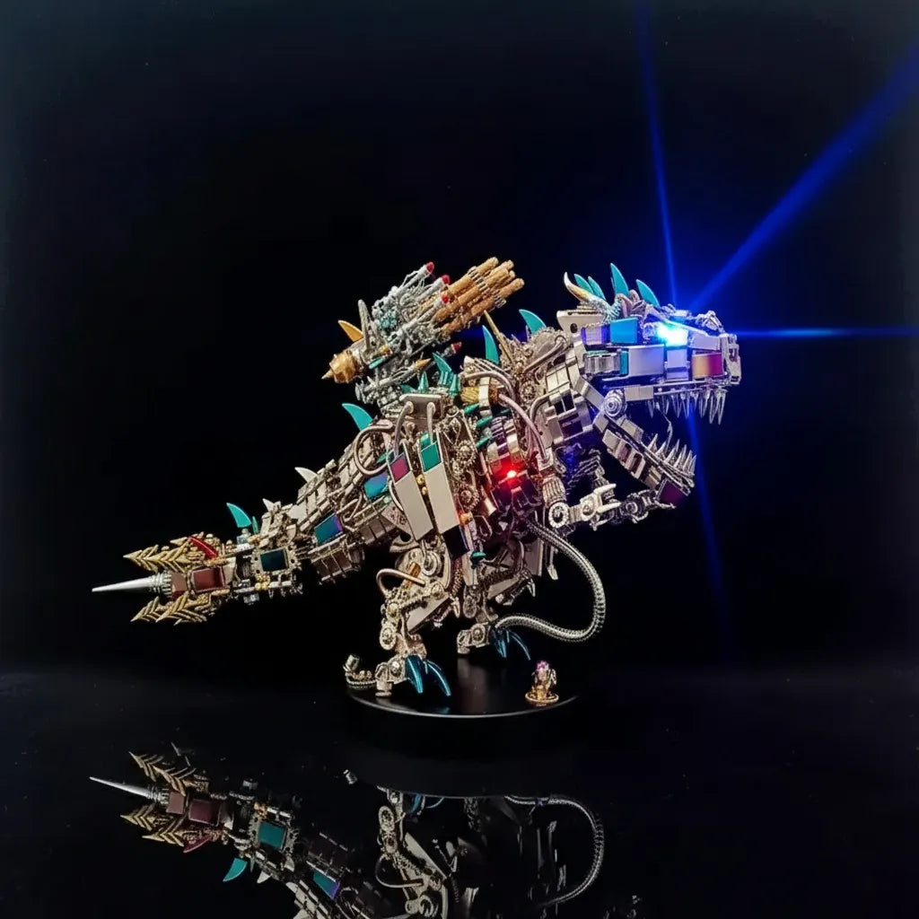 The massive 55cm Mechanical T-Rex Destroyer in an aggressive pose, highlighting its glowing blue eye and heavy mecha armaments