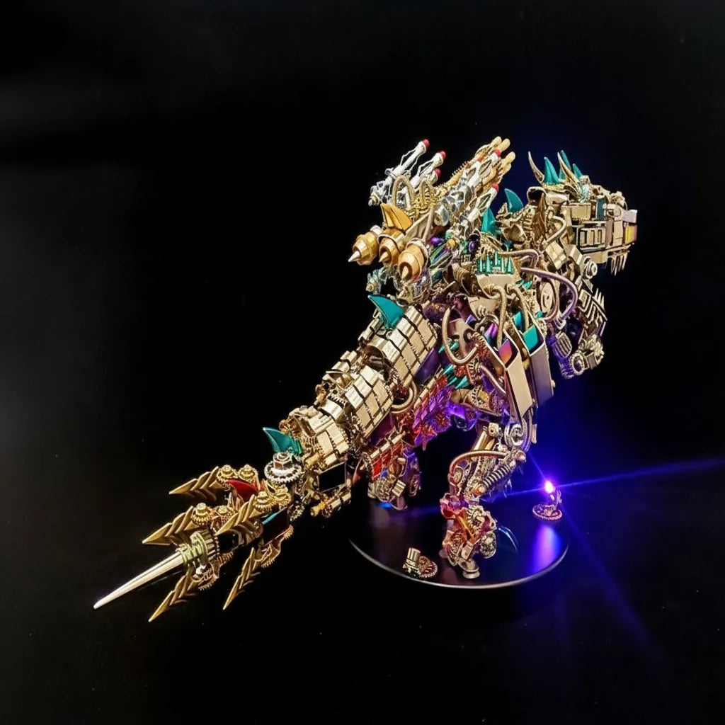 The Mechanical T-Rex Destroyer, an expert-level DIY dinosaur kit, shown from the side on a black reflective surface