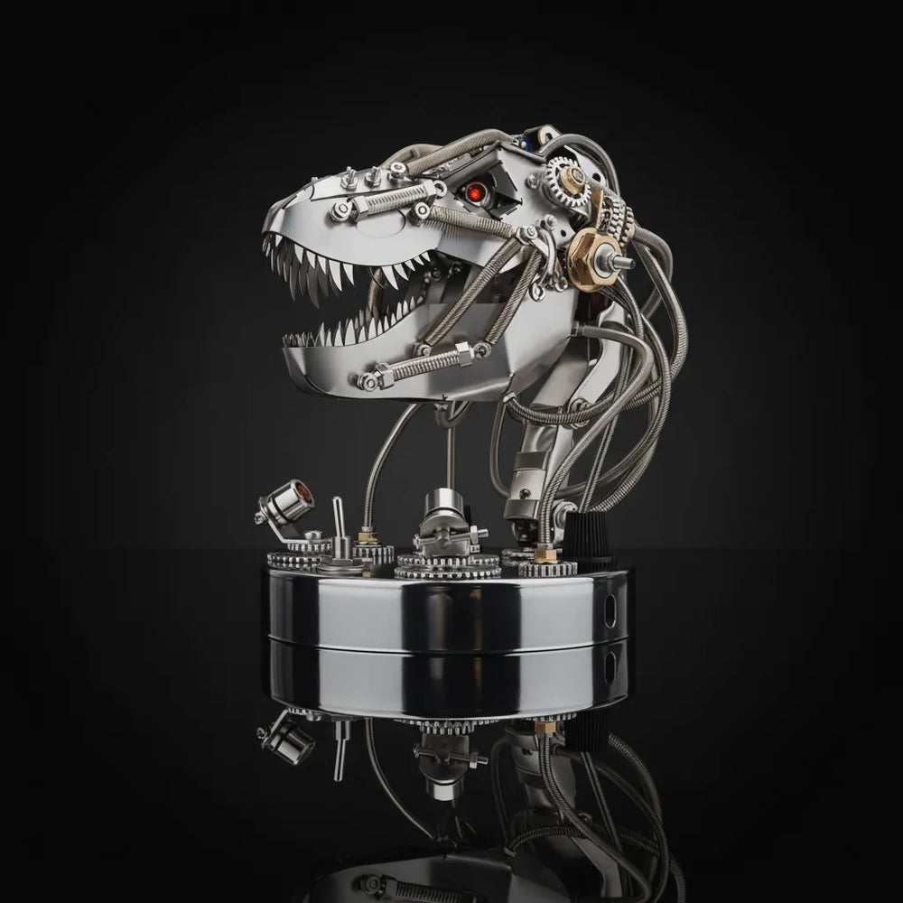 The Mechanical T-Rex Head 'Apex' kit, a steampunk 3D metal puzzle, shown on a black reflective surface with its red LED eye glowing