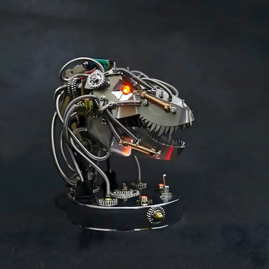 The T-Rex dinosaur skull 3D puzzle in a dark setting, with the red LED eye and jaw light activated, creating a menacing predator mode effect