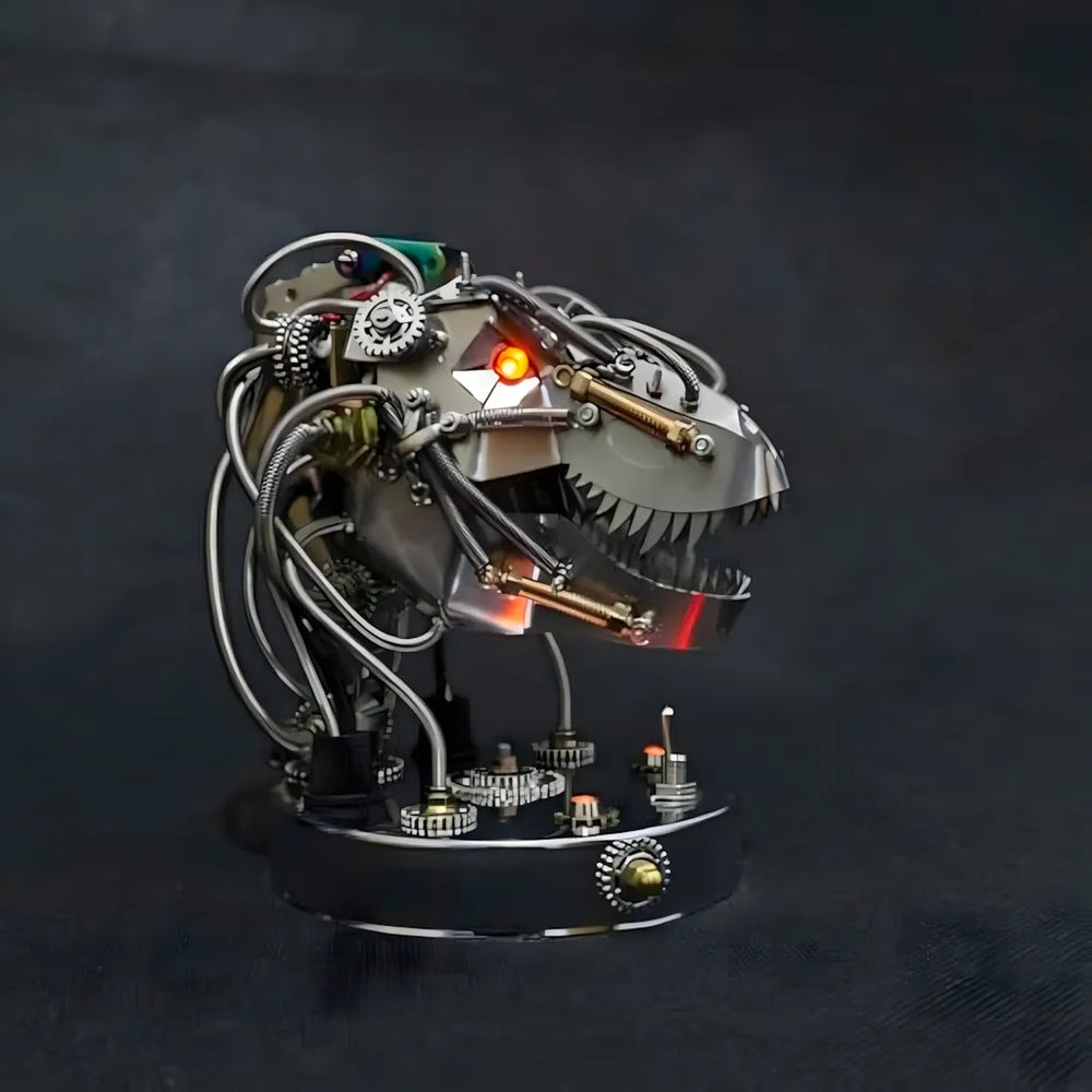 The T-Rex dinosaur skull 3D puzzle in a dark setting, with the red LED eye and jaw light activated, creating a menacing predator mode effect