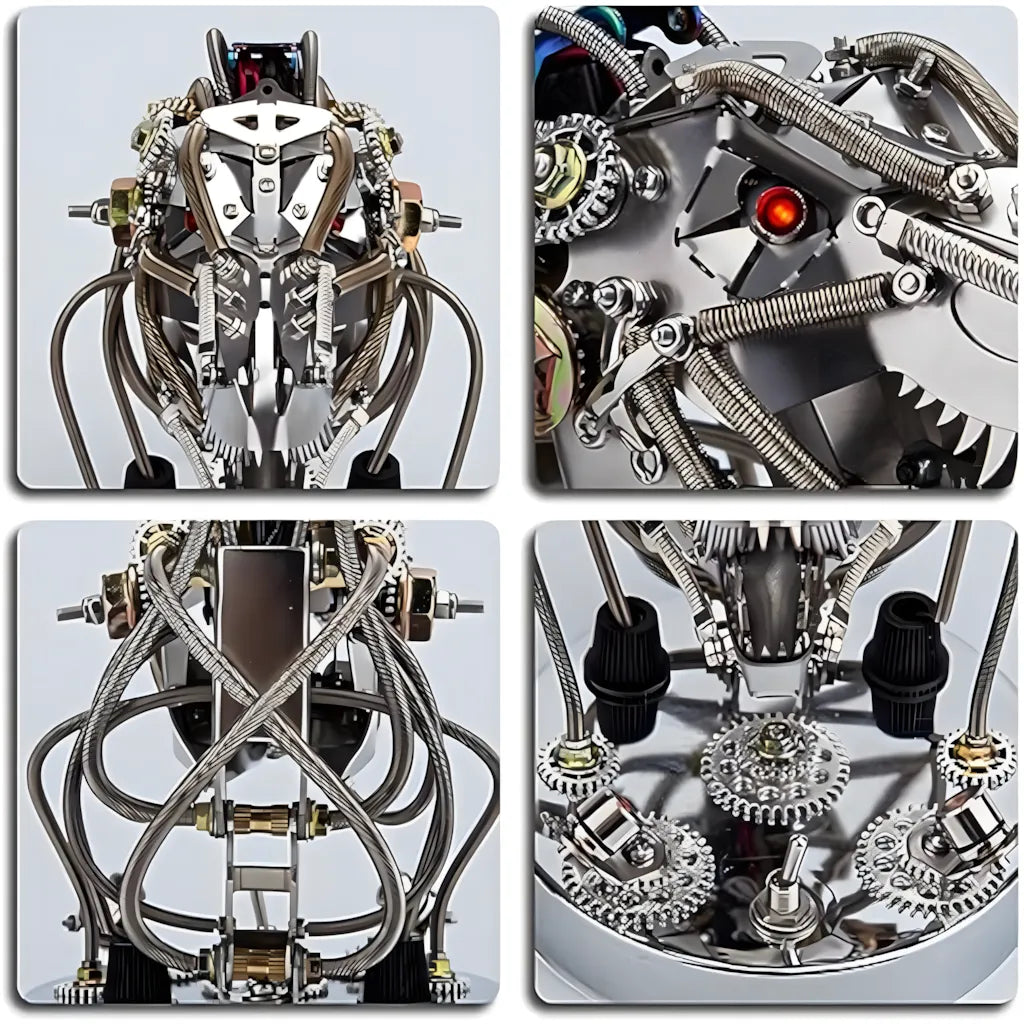 A four-quadrant close-up image detailing the front armor, glowing red eye, exposed wiring, and the control base gears and switches