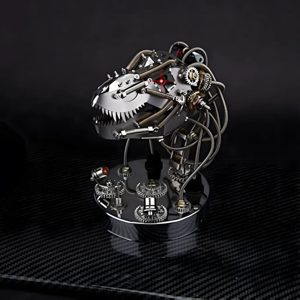 Side view of the robot dinosaur head model, highlighting the glowing red eye and the complex gear system on a carbon fiber texture base.