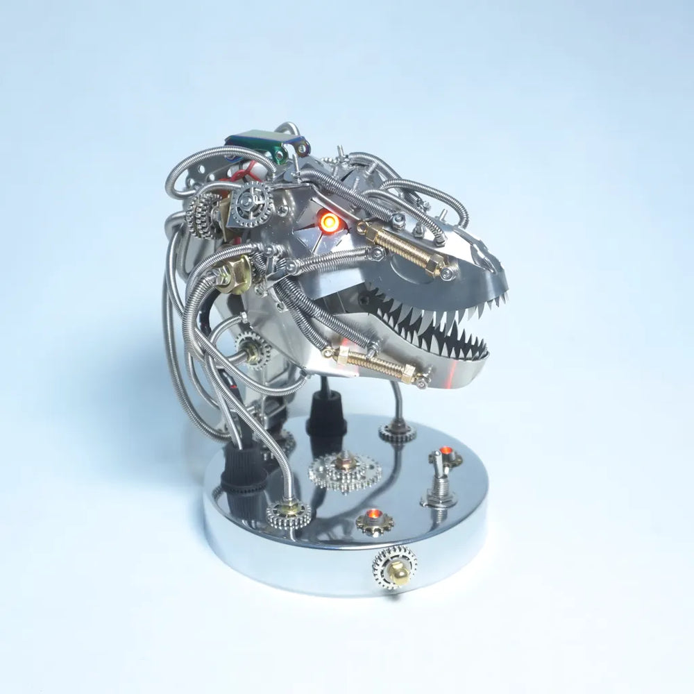 The dinosaur skull replica on a white background, clearly showing the luminous red eye and the complex base structure.