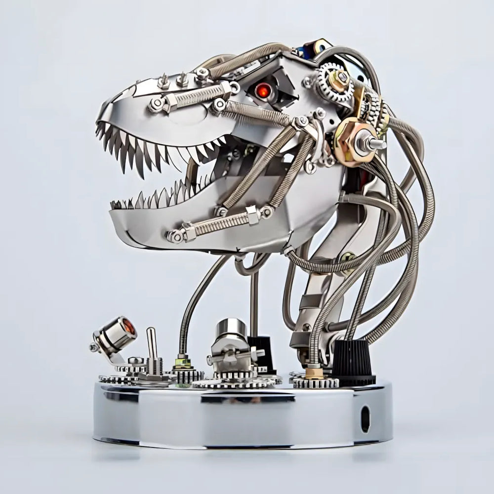 Front view of the Mechanical T-Rex Head model on its interactive base, showcasing the exposed wiring and functional switches.