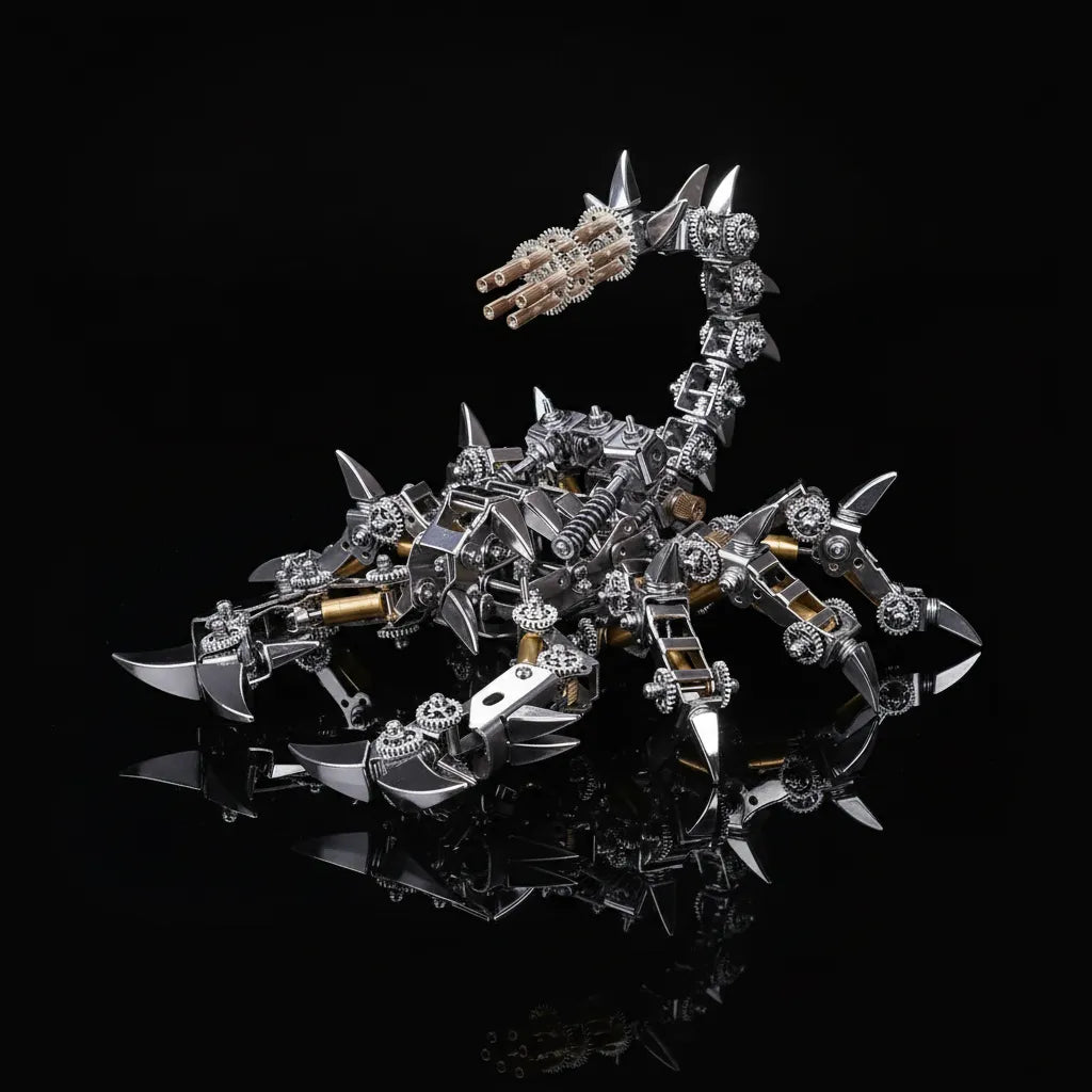 The robot scorpion model on a black reflective surface, showcasing its spiked armor and intricate heavy-duty legs