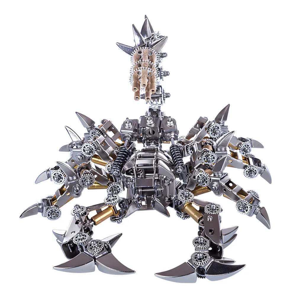 Front view of the assembled mechanical scorpion model, emphasizing its heavily armored body, claws, and multi-barrel tail weapon