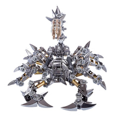 Front view of the assembled mechanical scorpion model, emphasizing its heavily armored body, claws, and multi-barrel tail weapon