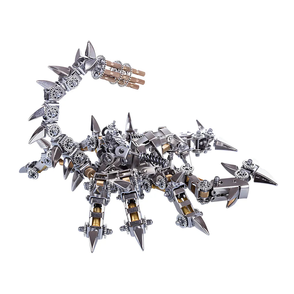 The War Scorpion Mech Kit, a steampunk 3D metal puzzle, with its gatling gun tail raised high on a white background