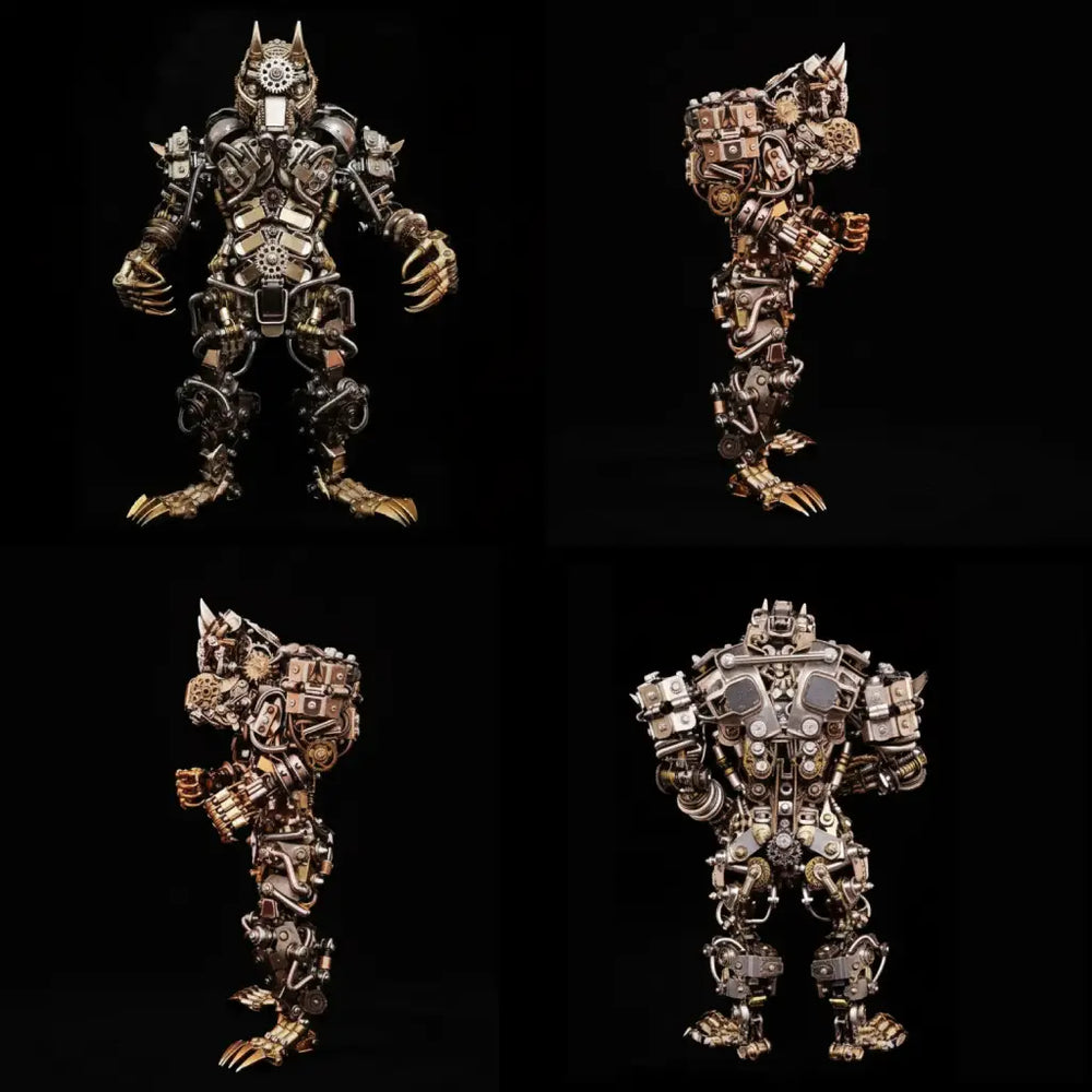 Four angles of the 32.5cm Mechanical Werewolf model (front, side, back), showing the intricate steampunk engineering and articulation