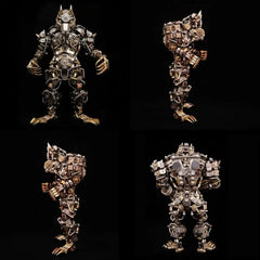Four angles of the 32.5cm Mechanical Werewolf model (front, side, back), showing the intricate steampunk engineering and articulation