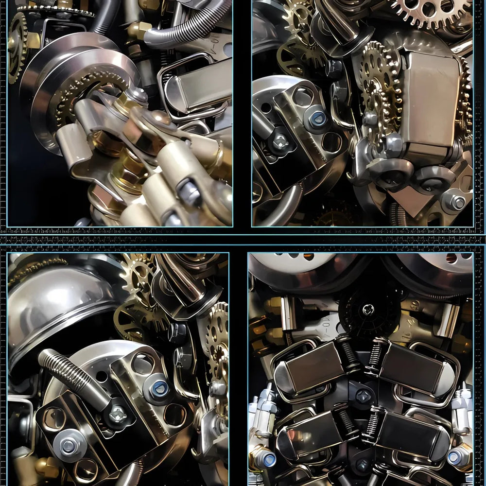 A quad-panel macro image detailing the assembly components, showing the stainless steel, copper, screws, and intricate gear mechanisms