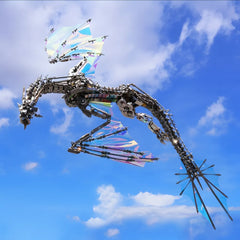 The Mechanical Wyvern model shown against a bright sky, highlighting its massive iridescent wings and articulated body in a mid-flight pose