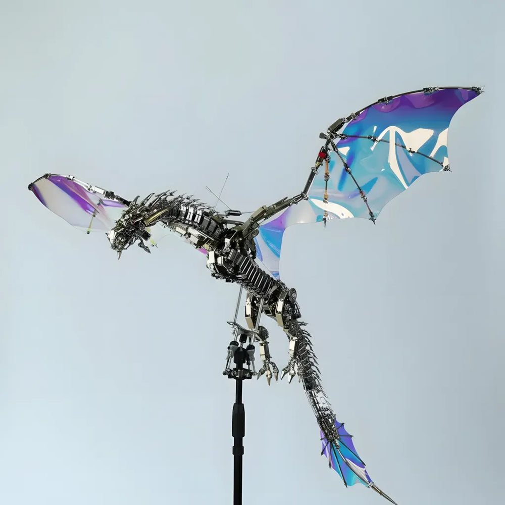 A side profile view of the Mechanical Wyvern model in a swooping flying posture, set against a bright, clear background