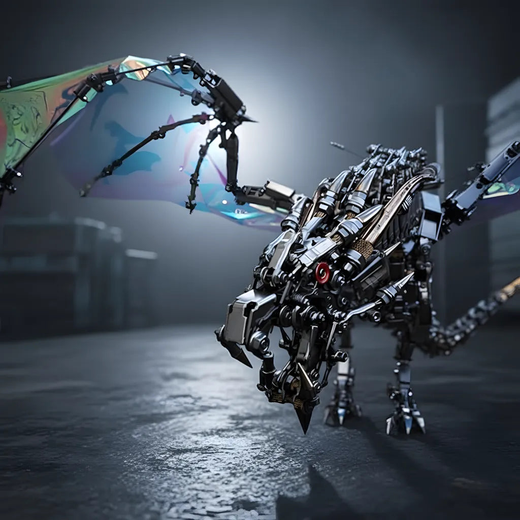 A close-up view of the head of the Mechanical Wyvern, detailing its menacing metal parts and red eye in a dark, atmospheric setting