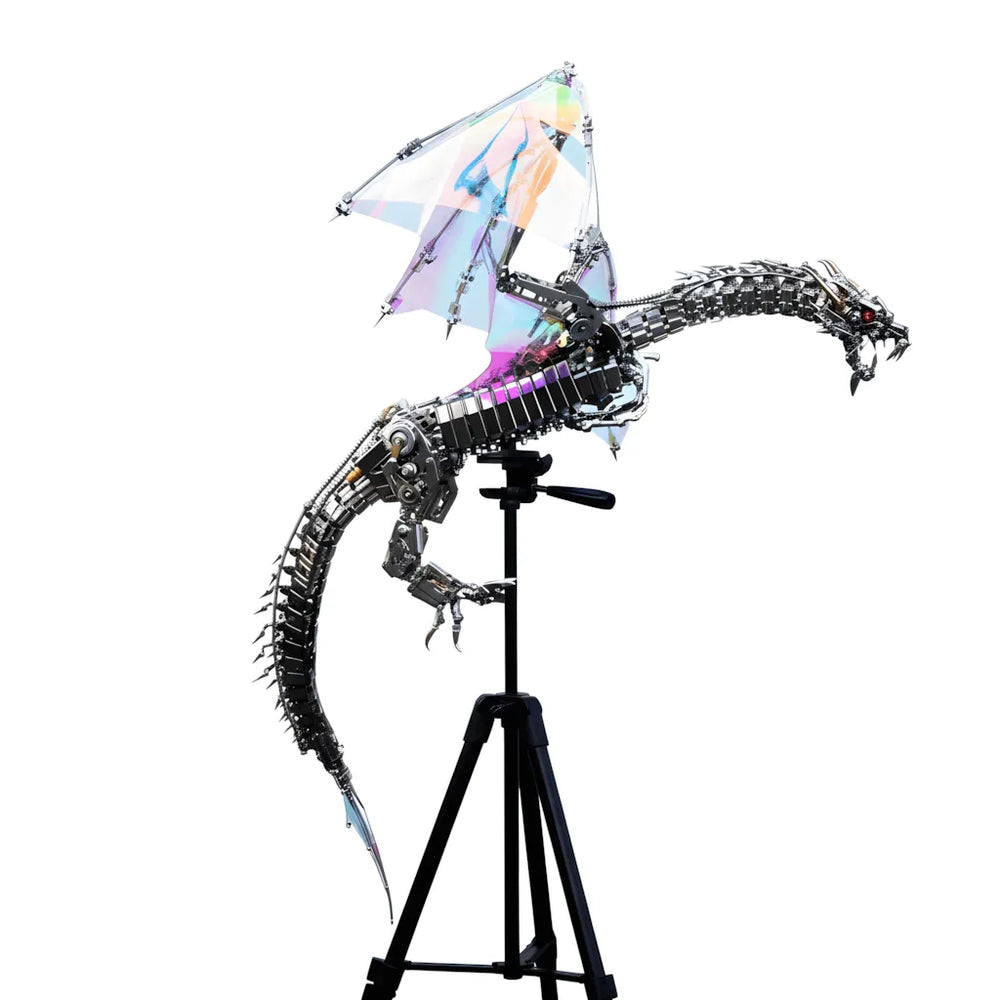 The Mechanical Wyvern model displayed on a stand on a white background, showcasing its intricate metal skeleton and flexible tail