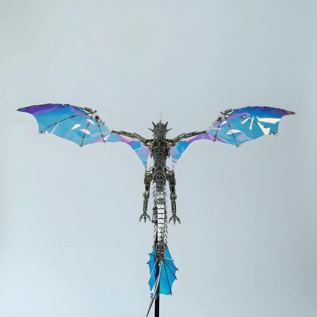 A wide top view of the Mechanical Wyvern, clearly showing its massive 126cm wingspan and the iridescent blue-purple wings