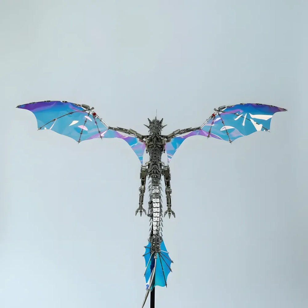 A wide top view of the Mechanical Wyvern, clearly showing its massive 126cm wingspan and the iridescent blue-purple wings