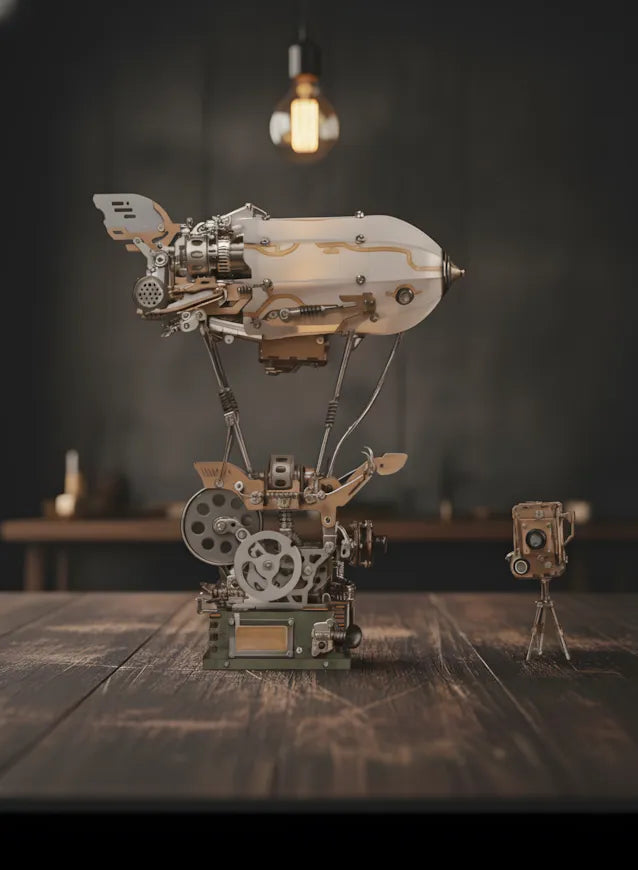 A steampunk airship model kit displayed in a dimly lit workshop, showcasing intricate brass gears and a vintage aesthetic.