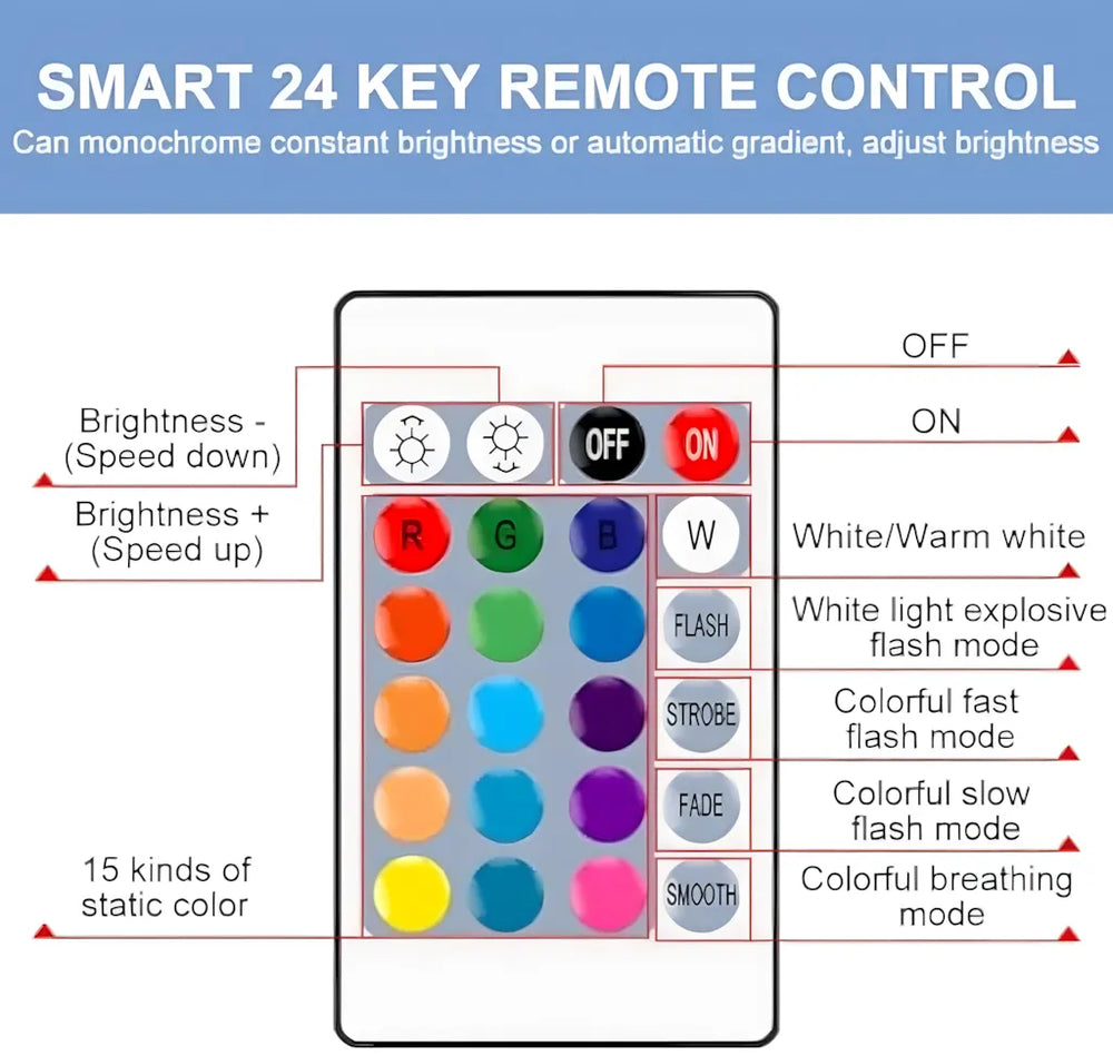 Diagram detailing the smart 24-key remote control  for the luminous orb, showing options for 15 static colors and multiple dynamic modes