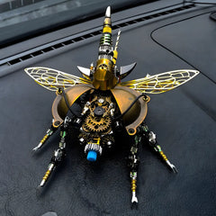 The mechanical beetle puzzle placed on a dark dashboard, highlighting the brass shell and exposed open-heart gear system