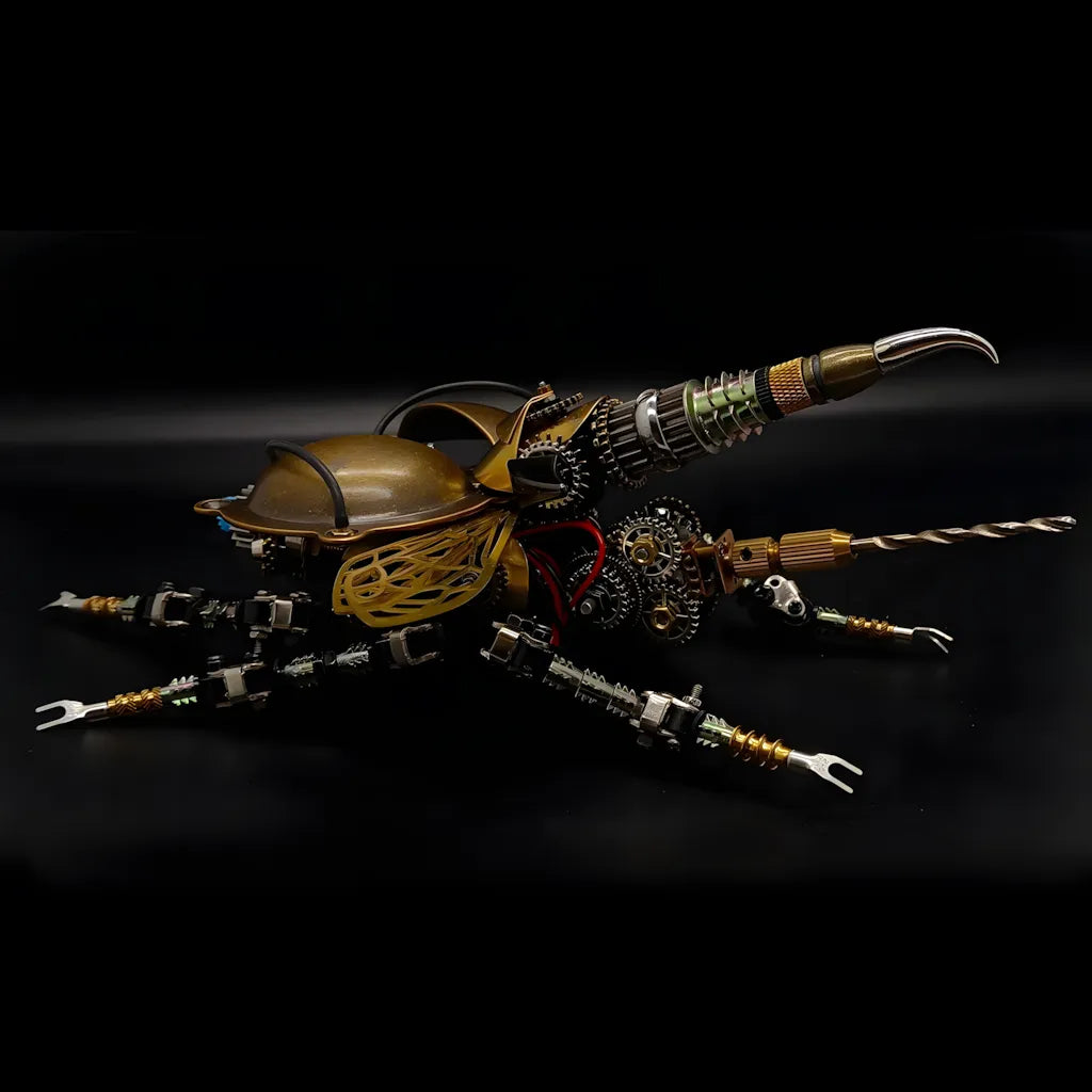 Side profile of the steampunk beetle model, detailing the complex gearwork and the unique drill/tail weapon assembly