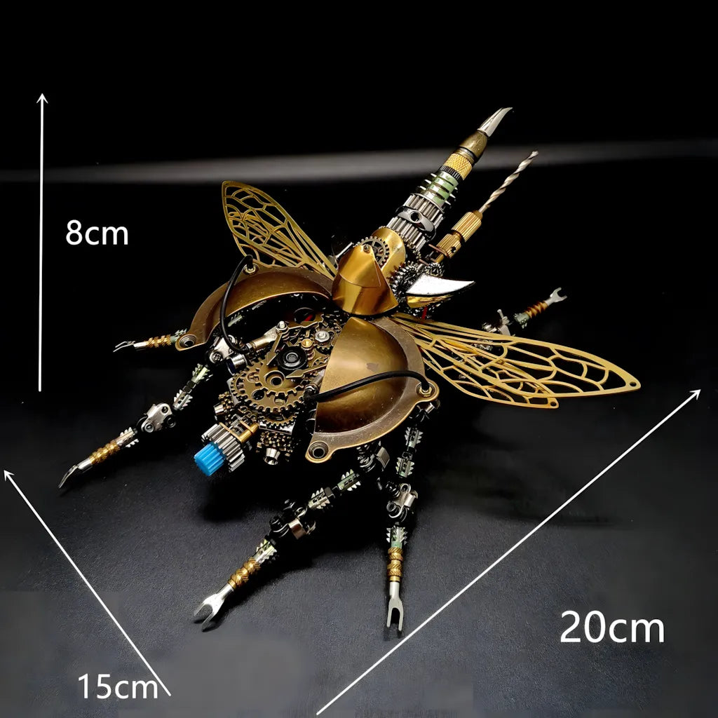 The Clockwork Scarab 3D metal puzzle with dimensional arrows showing its size (20cm width, 8cm height), suitable for desk decor