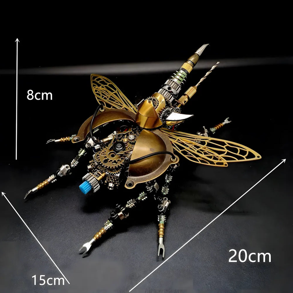 The Clockwork Scarab 3D metal puzzle with dimensional arrows showing its size (20cm width, 8cm height), suitable for desk decor