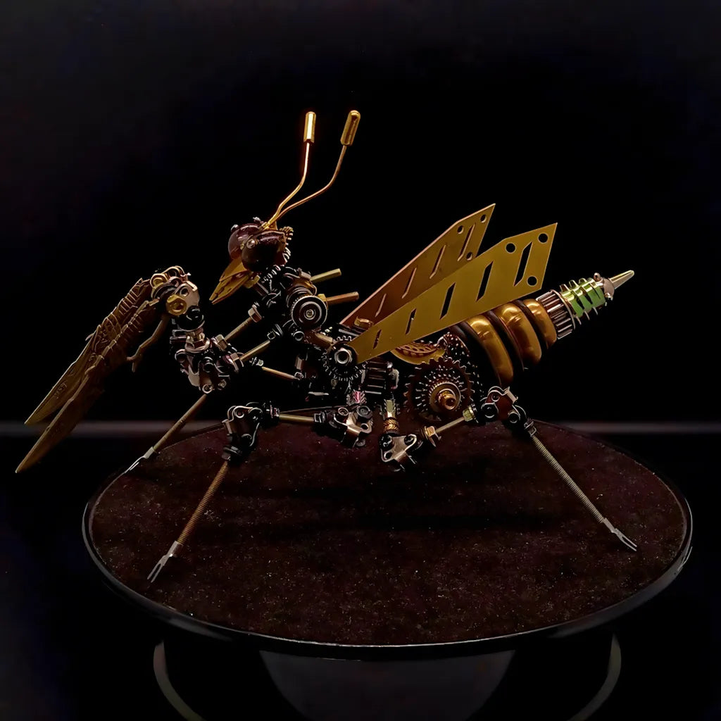 A side profile of the mechanical mantis, showing its metallic abdomen and the spring mechanism in its rear leg structure