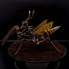 A side profile of the mechanical mantis, showing its metallic abdomen and the spring mechanism in its rear leg structure