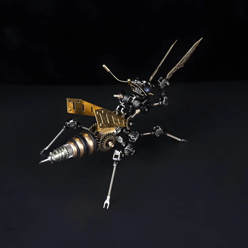 A high-angle view of the Steampunk Mantis on a black background, emphasizing its sharp, mechanical forearms