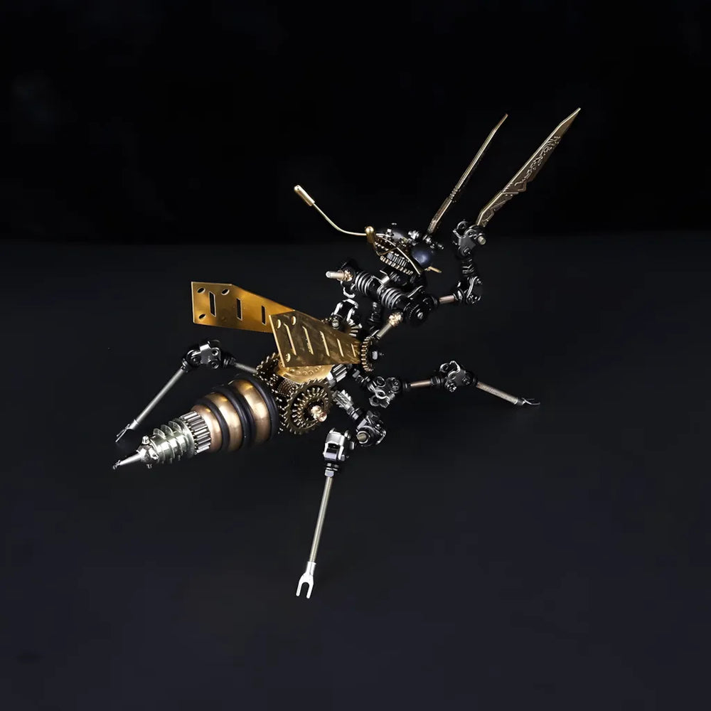 A high-angle view of the Steampunk Mantis on a black background, emphasizing its sharp, mechanical forearms
