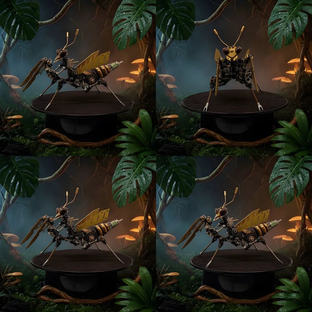 A quad-panel lifestyle collage showing the Mechanical Mantis model in a fantasy steampunk jungle environment
