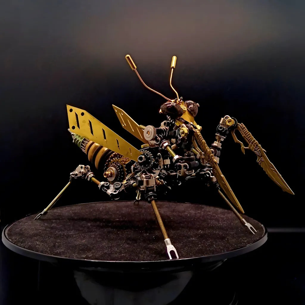 A close-up macro shot of the ornately carved scythe arm and brass-colored wings of the 3D metal mantis puzzle