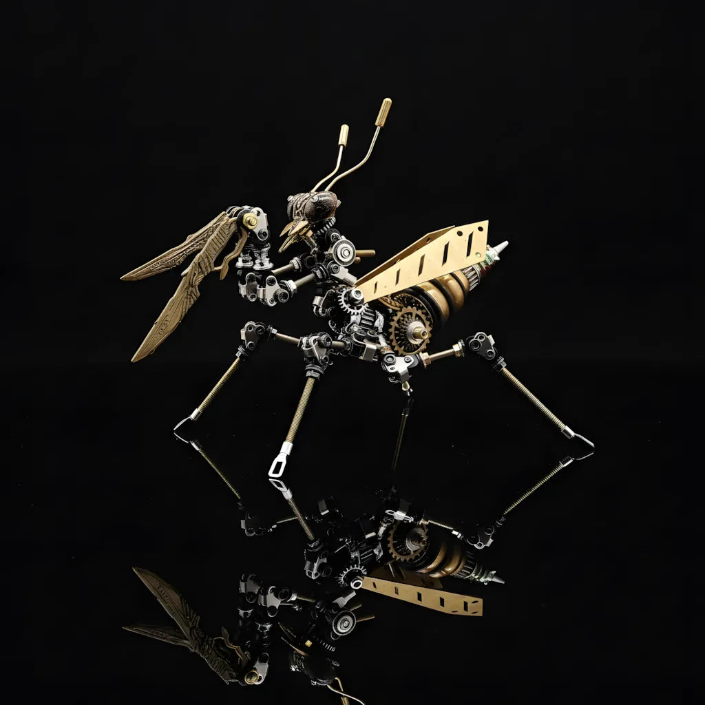 The Steampunk Mantis 'The Stalker', a beginner DIY mech kit, shown from the side on a black reflective surface