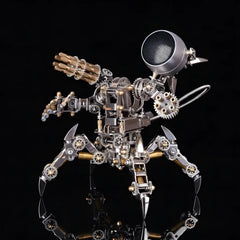 The Steampunk Mecha Speaker 'Sonic Weaver', a functional DIY robot kit, shown from the front on a black reflective surface