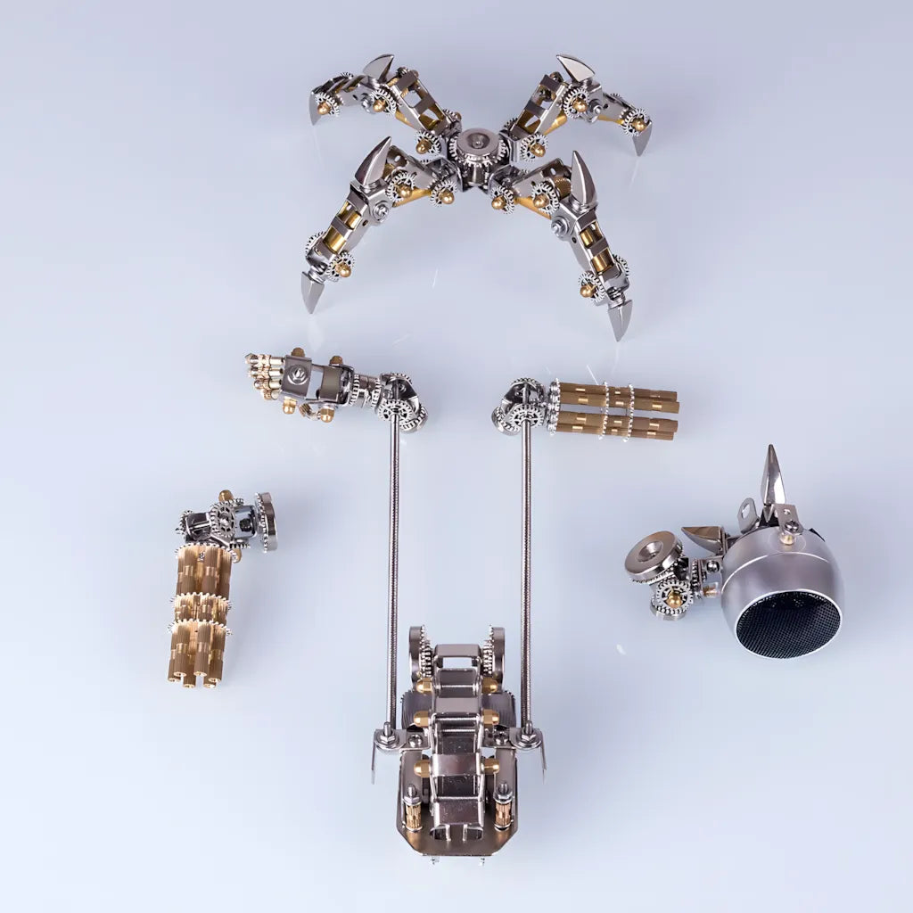 A clean top-down shot showing the fully disassembled Mecha Speaker's key modular components laid out on a white surface