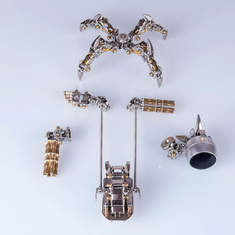 A clean top-down shot showing the fully disassembled Mecha Speaker's key modular components laid out on a white surface