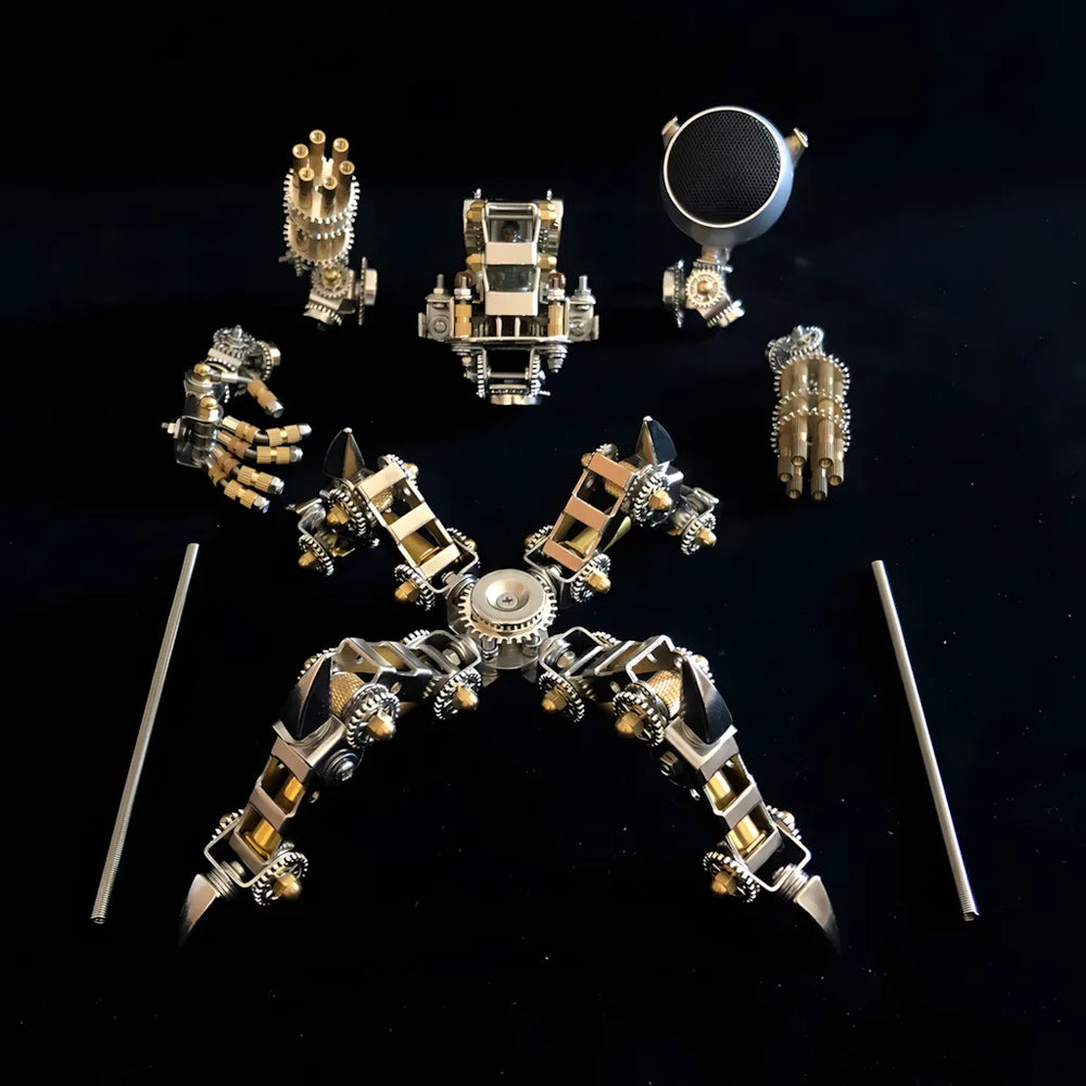 A view of the Mecha Speaker model disassembled into its main modular parts: legs, torso, weapons, and speaker head, on a black background