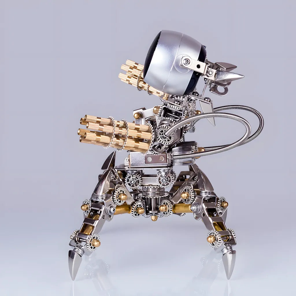 A clean side profile of the finished Mecha Speaker model on a reflective white background, showcasing its six-legged chassis