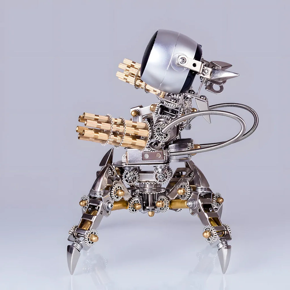 A clean side profile of the finished Mecha Speaker model on a reflective white background, showcasing its six-legged chassis