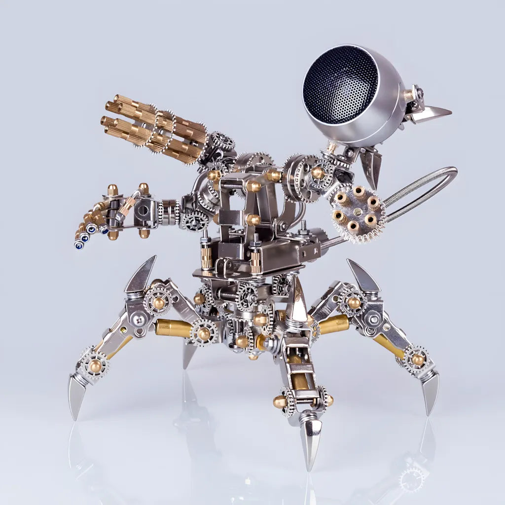 The fully assembled Steampunk Mecha Speaker in a battle-ready stance, shown on a reflective white background